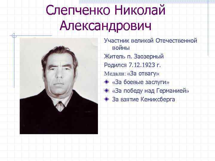 Слепченко Николай Александрович Участник великой Отечественной войны Житель п. Заозерный Родился 7. 12. 1923