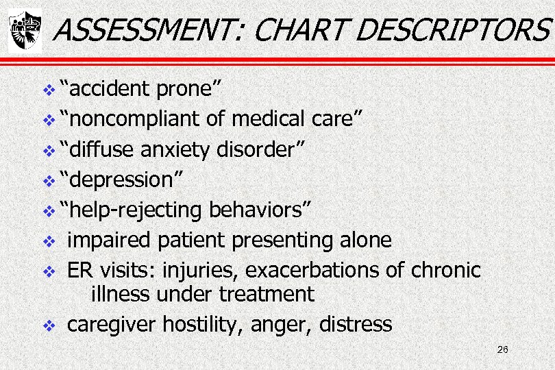 ASSESSMENT: CHART DESCRIPTORS “accident prone” “noncompliant of medical care” “diffuse anxiety disorder” “depression” “help-rejecting