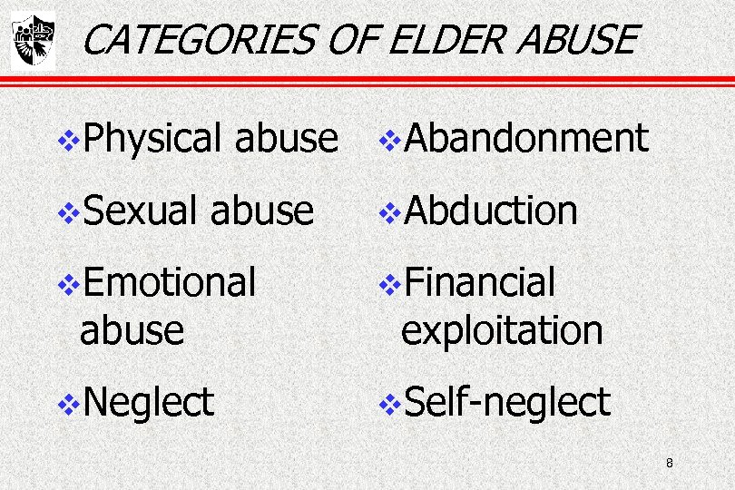 CATEGORIES OF ELDER ABUSE Physical Sexual abuse Abandonment Abduction Emotional Financial Neglect Self-neglect abuse