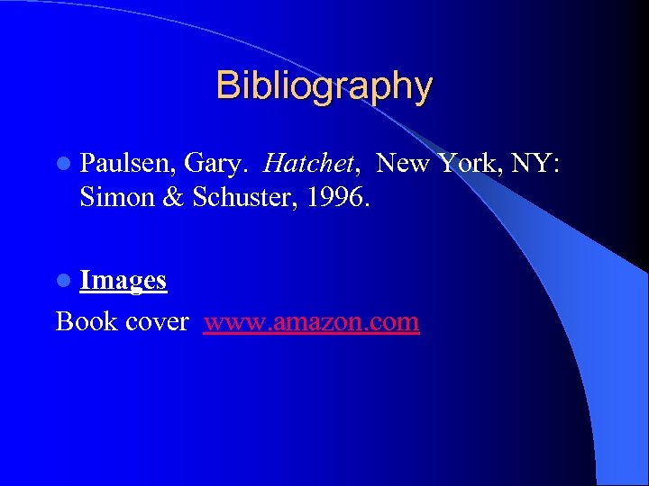 Bibliography l Paulsen, Gary. Hatchet, New York, NY: Simon & Schuster, 1996. l Images