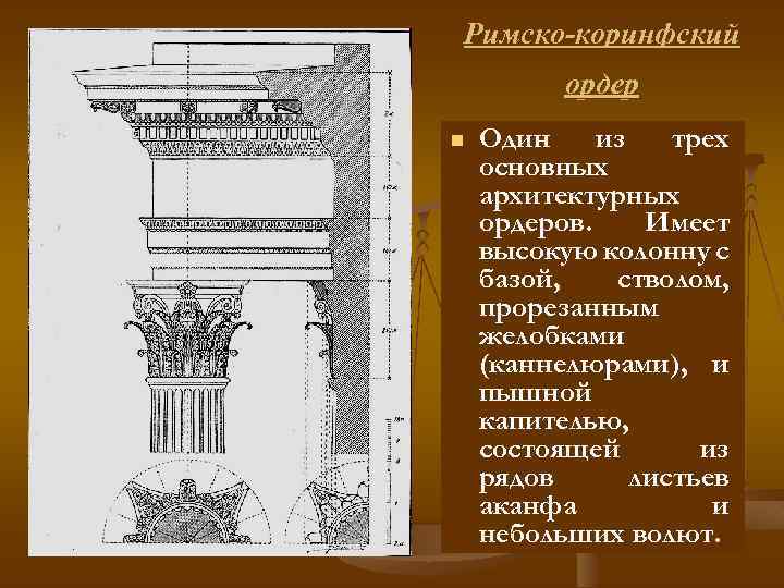 Римско-коринфский ордер n Один из трех основных архитектурных ордеров. Имеет высокую колонну с базой,