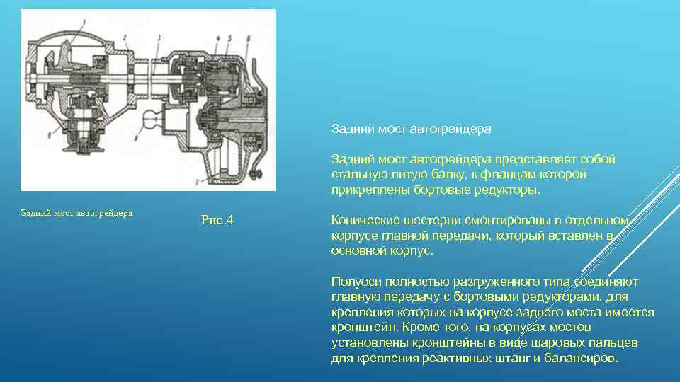 Задний мост автогрейдера представляет собой стальную литую балку, к фланцам которой прикреплены бортовые редукторы.