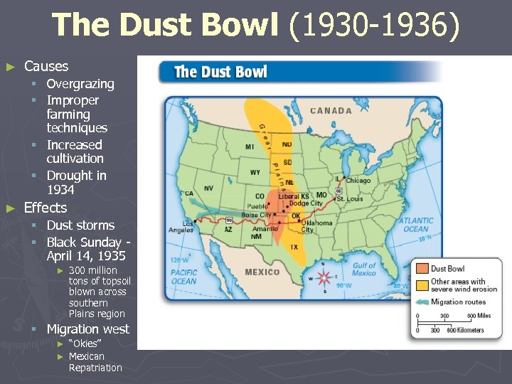 The Dust Bowl (1930 -1936) ► Causes Overgrazing Improper farming techniques § Increased cultivation