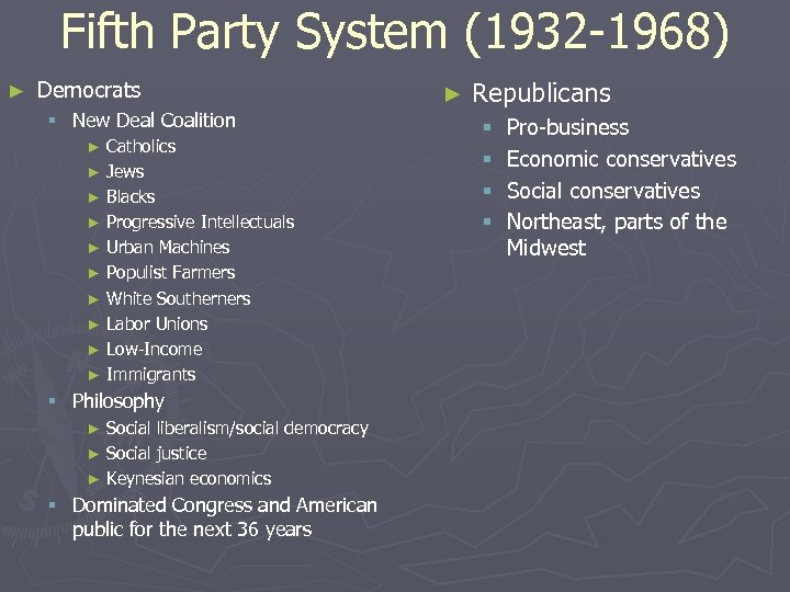 Fifth Party System (1932 -1968) ► Democrats § New Deal Coalition Catholics ► Jews