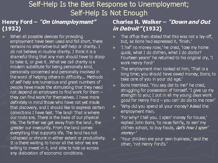 Self-Help Is the Best Response to Unemployment; Self-Help Is Not Enough Henry Ford –