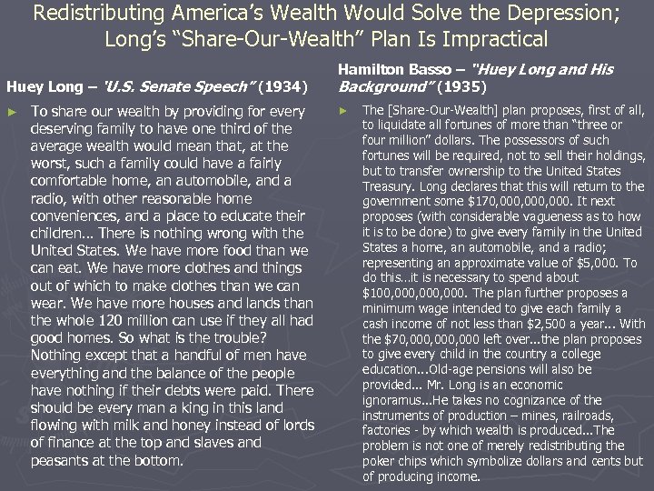 Redistributing America’s Wealth Would Solve the Depression; Long’s “Share-Our-Wealth” Plan Is Impractical Huey Long