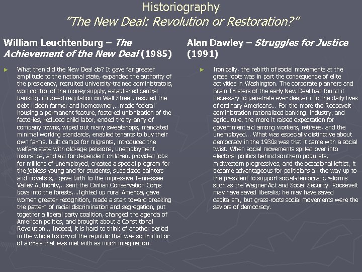 Historiography ”The New Deal: Revolution or Restoration? ” William Leuchtenburg – The Achievement of