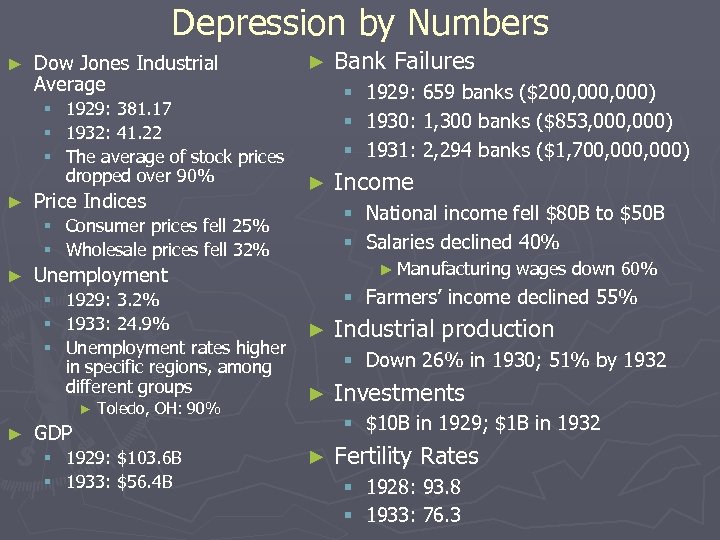 Depression by Numbers ► Dow Jones Industrial Average § § § ► 1929: 381.