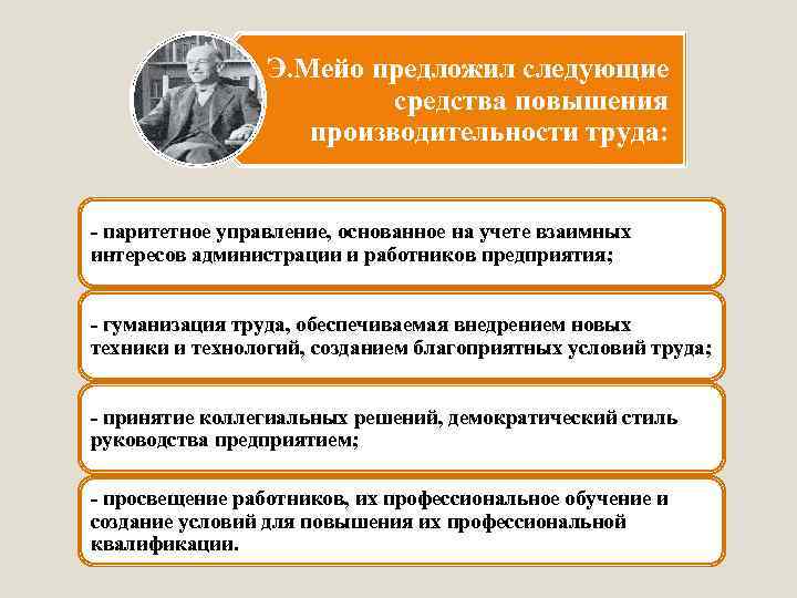 Э. Мейо предложил следующие средства повышения производительности труда: - паритетное управление, основанное на учете