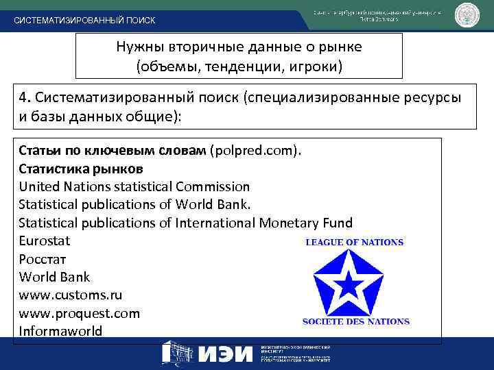 СИСТЕМАТИЗИРОВАННЫЙ ПОИСК Нужны вторичные данные о рынке (объемы, тенденции, игроки) 4. Систематизированный поиск (специализированные