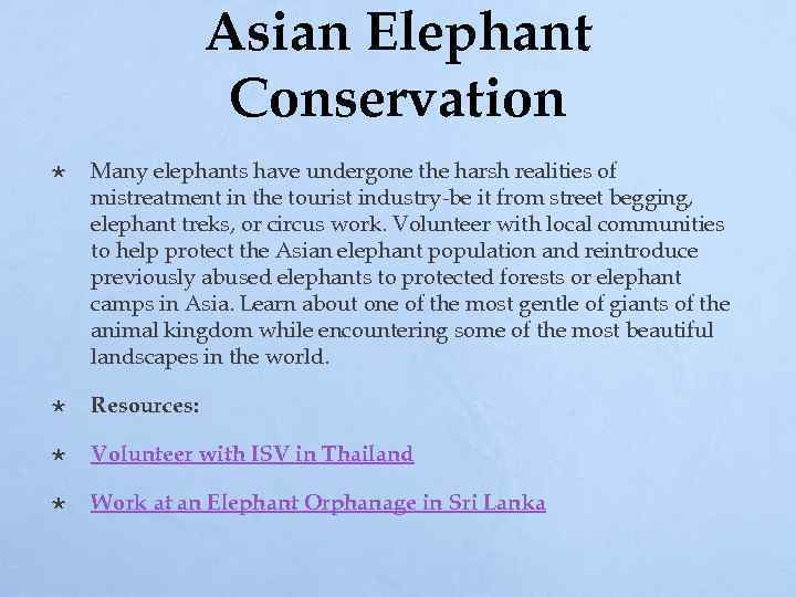 Asian Elephant Conservation Many elephants have undergone the harsh realities of mistreatment in the