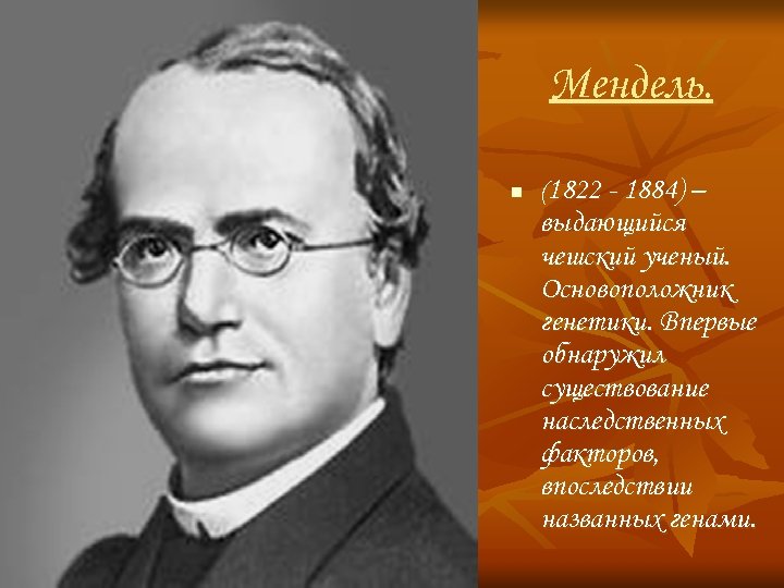 Мендель. n (1822 - 1884) – выдающийся чешский ученый. Основоположник генетики. Впервые обнаружил существование