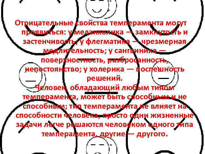 Отрицательные свойства темперамента могут проявиться: у меланхолика — замкнутость и застенчивость; у флегматика —