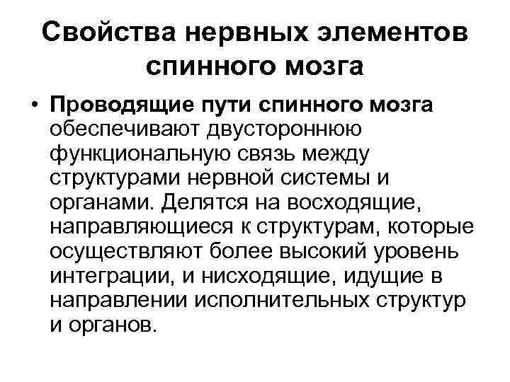 Свойства нервных элементов спинного мозга • Проводящие пути спинного мозга обеспечивают двустороннюю функциональную связь