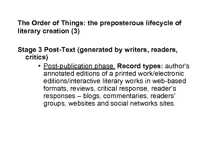 The Order of Things: the preposterous lifecycle of literary creation (3) Stage 3 Post-Text