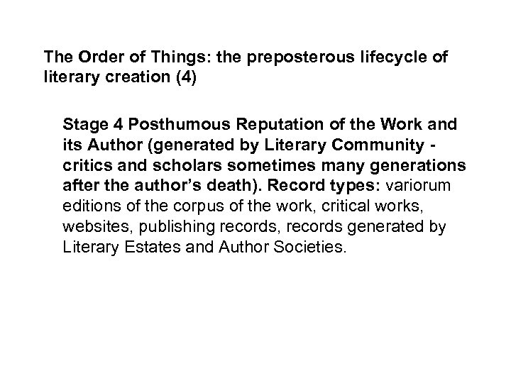 The Order of Things: the preposterous lifecycle of literary creation (4) Stage 4 Posthumous