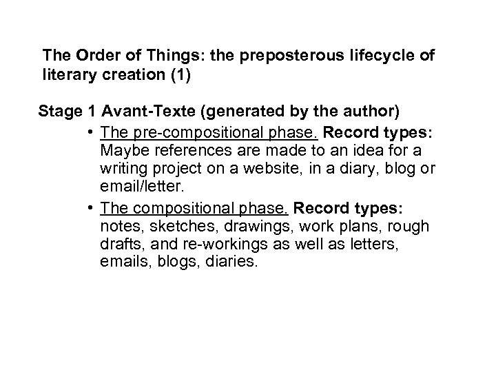 The Order of Things: the preposterous lifecycle of literary creation (1) Stage 1 Avant-Texte