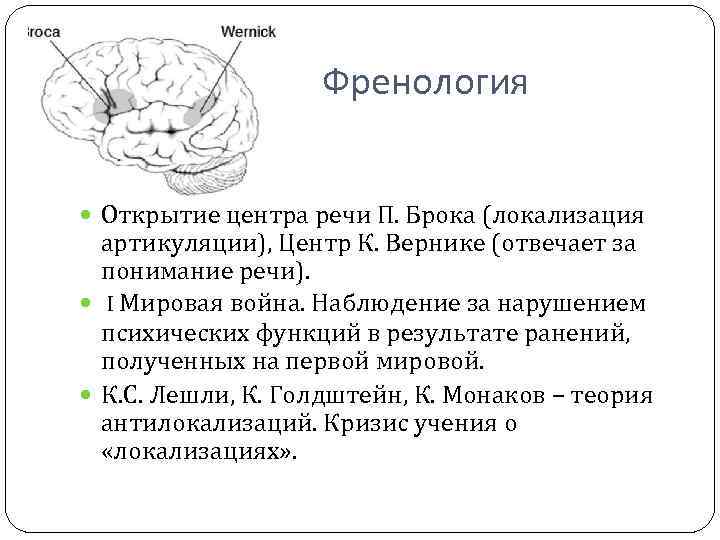 Френология Открытие центра речи П. Брока (локализация артикуляции), Центр К. Вернике (отвечает за понимание