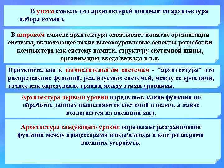 В узком смысле под архитектурой понимается архитектура набора команд. В широком смысле архитектура охватывает