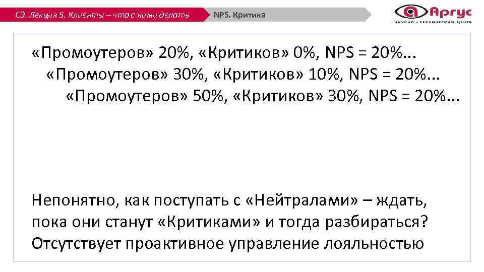 СЭ. Лекция 5. Клиенты – что с ними делать NPS. Критика «Промоутеров» 20%, «Критиков»