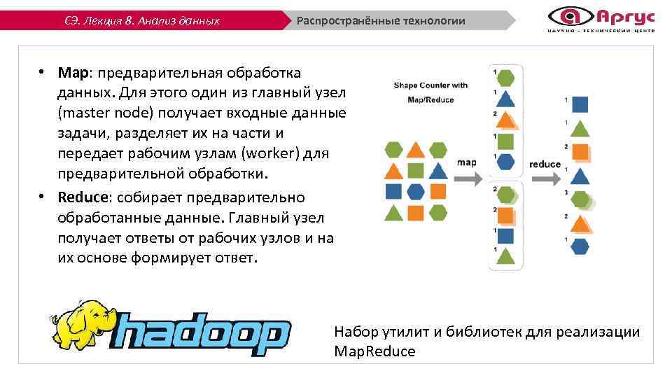 СЭ. Лекция 8. Анализ данных Распространённые технологии • Map: предварительная обработка данных. Для этого