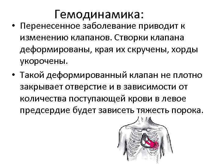 Гемодинамика: • Перенесенное заболевание приводит к изменению клапанов. Створки клапана деформированы, края их скручены,