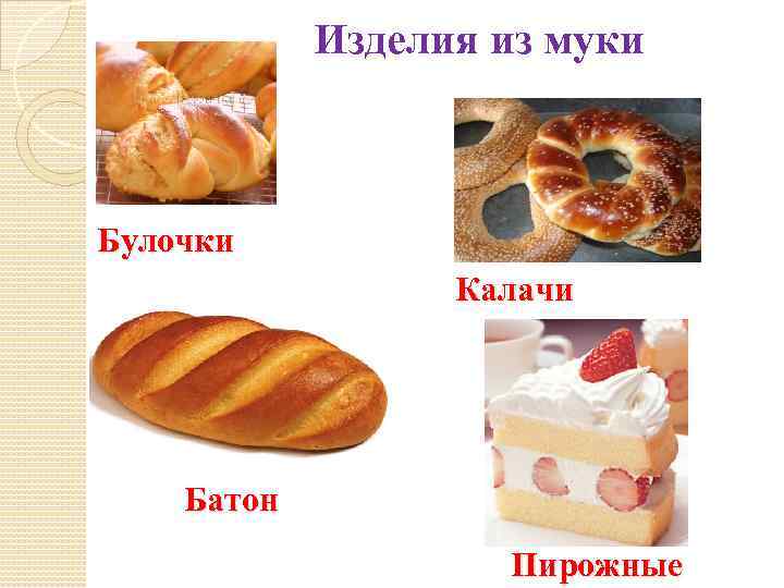 Изделия из муки Булочки Калачи Батон Пирожные 