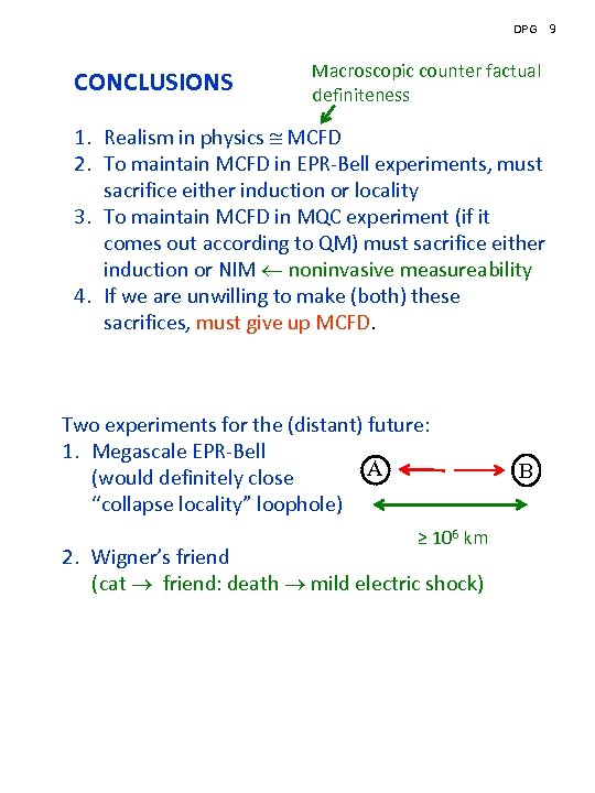 DPG CONCLUSIONS Macroscopic counter factual definiteness 1. Realism in physics MCFD 2. To maintain