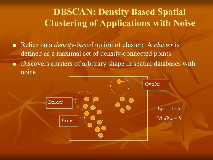 DBSCAN: Density Based Spatial Clustering of Applications with Noise n n Relies on a