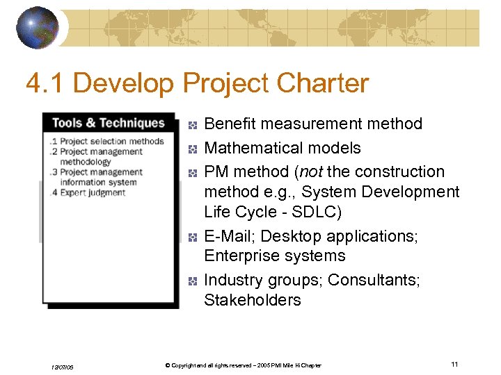 4. 1 Develop Project Charter Benefit measurement method Mathematical models PM method (not the