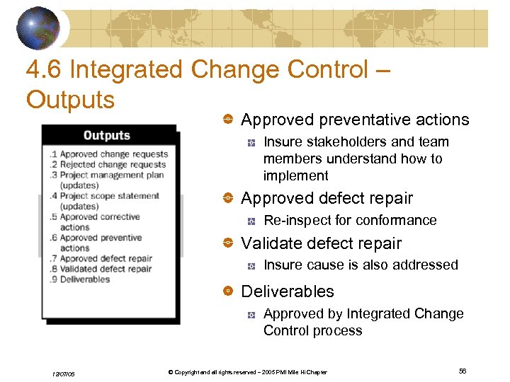4. 6 Integrated Change Control – Outputs Approved preventative actions Insure stakeholders and team