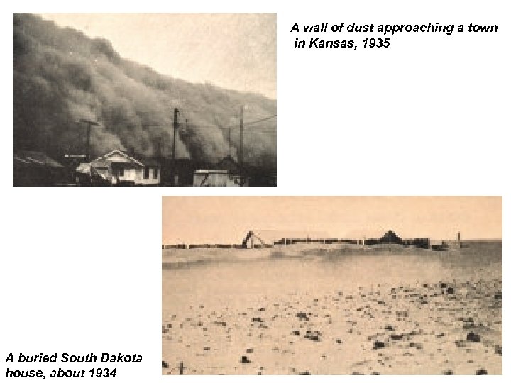 A wall of dust approaching a town in Kansas, 1935 A buried South Dakota