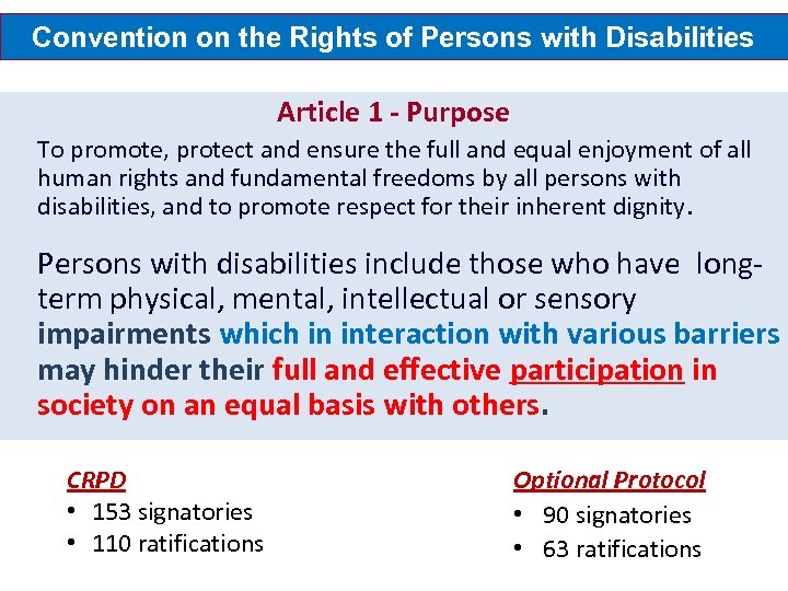 Convention on the Rights of Persons with Disabilities Article 1 - Purpose To promote,