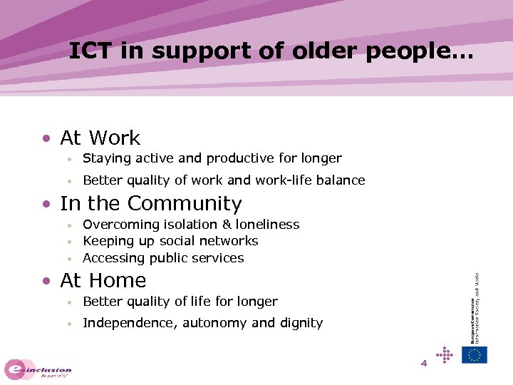ICT in support of older people… • At Work • Staying active and productive