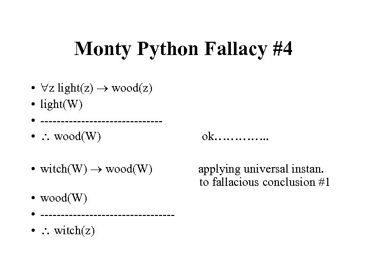 Monty Python Fallacy #4 • • z light(z) wood(z) light(W) --------------- wood(W) • witch(W)