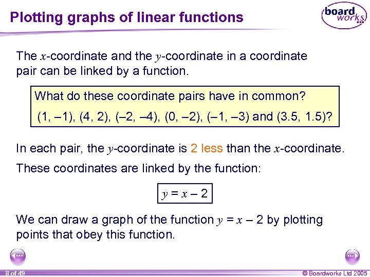 Plotting graphs of linear functions The x-coordinate and the y-coordinate in a coordinate pair