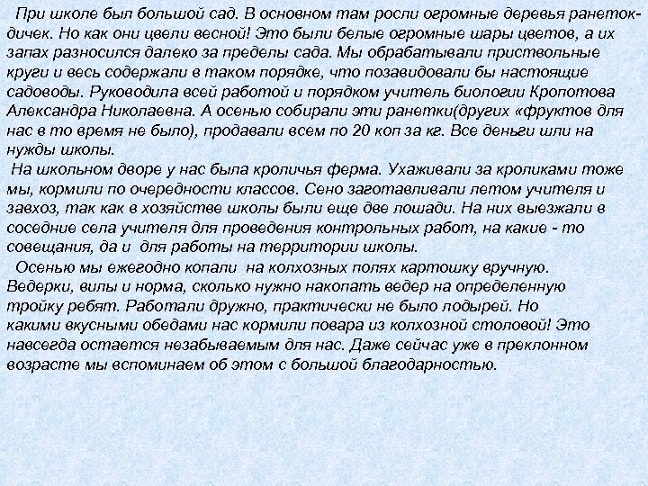 При школе был большой сад. В основном там росли огромные деревья ранетокдичек. Но как