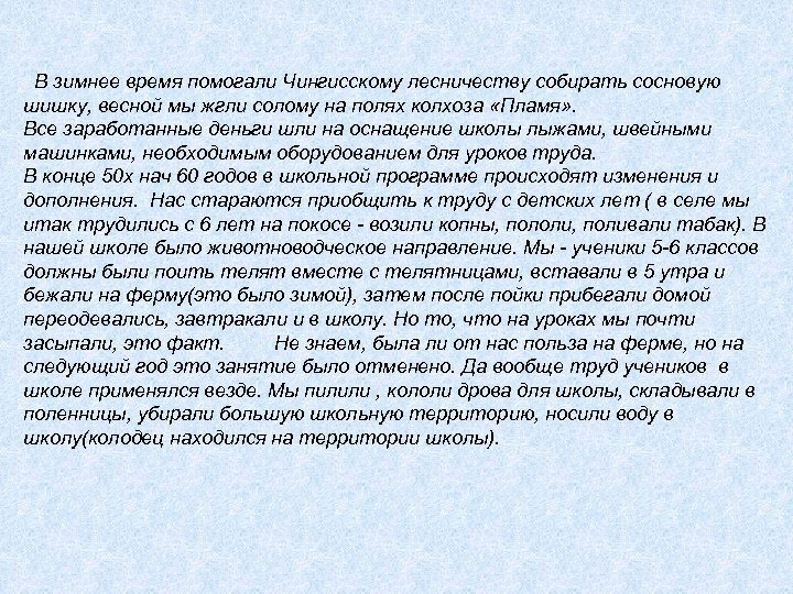 В зимнее время помогали Чингисскому лесничеству собирать сосновую шишку, весной мы жгли солому на