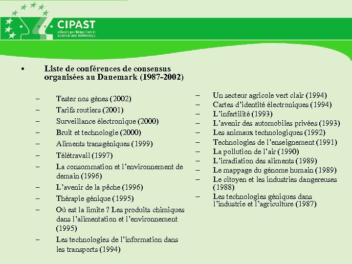  • Liste de conférences de consensus organisées au Danemark (1987 -2002) – –
