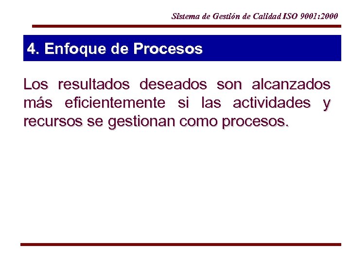 Sistema de Gestión de Calidad ISO 9001: 2000 4. Enfoque de Procesos Los resultados