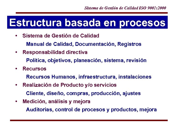 Sistema de Gestión de Calidad ISO 9001: 2000 Estructura basada en procesos • Sistema