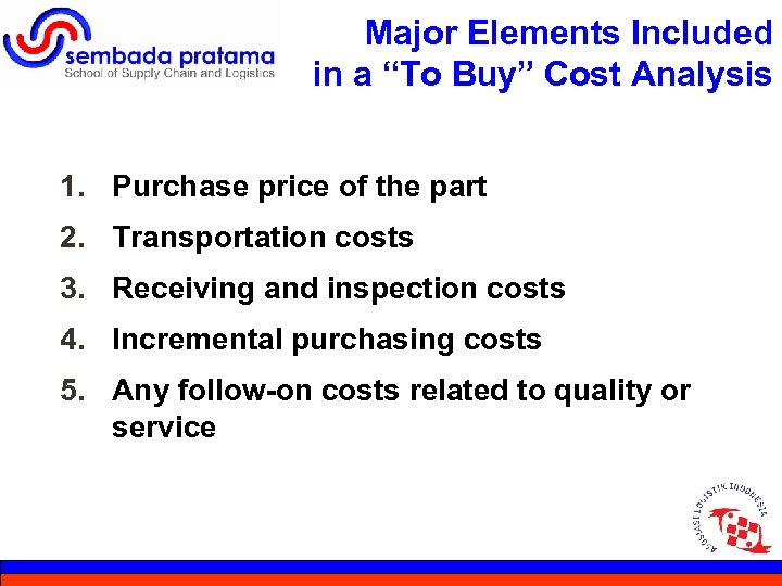 Major Elements Included in a “To Buy” Cost Analysis 1. Purchase price of the