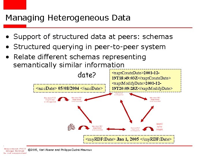 Managing Heterogeneous Data • Support of structured data at peers: schemas • Structured querying