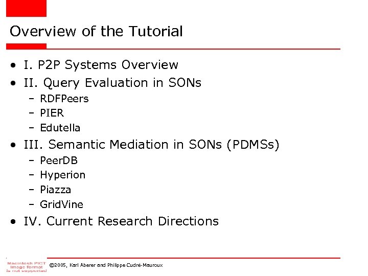 Overview of the Tutorial • I. P 2 P Systems Overview • II. Query