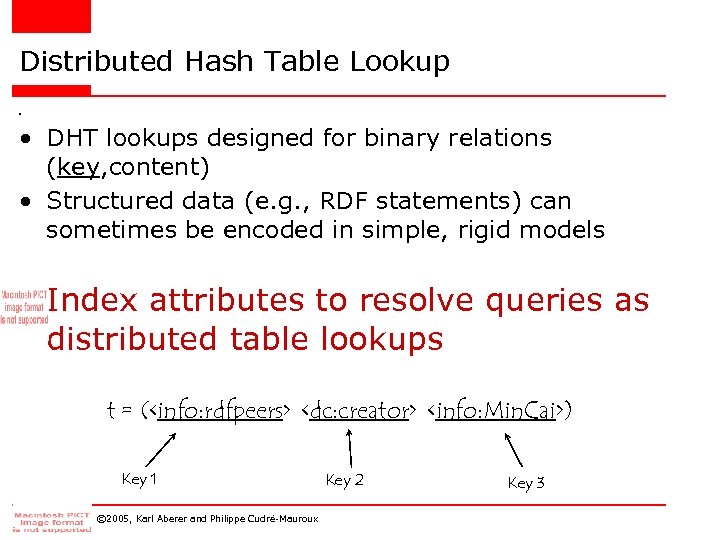 Distributed Hash Table Lookup • • DHT lookups designed for binary relations (key, content)