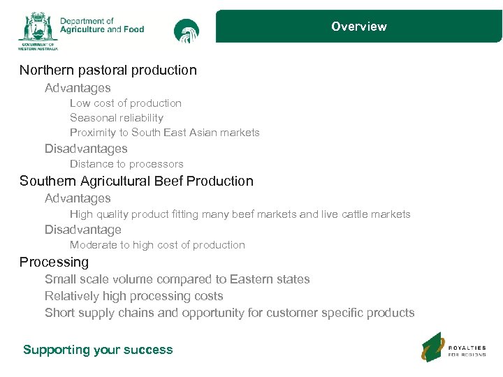Overview Northern pastoral production Advantages Low cost of production Seasonal reliability Proximity to South