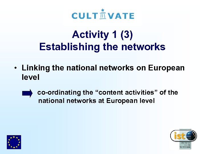 Activity 1 (3) Establishing the networks • Linking the national networks on European level