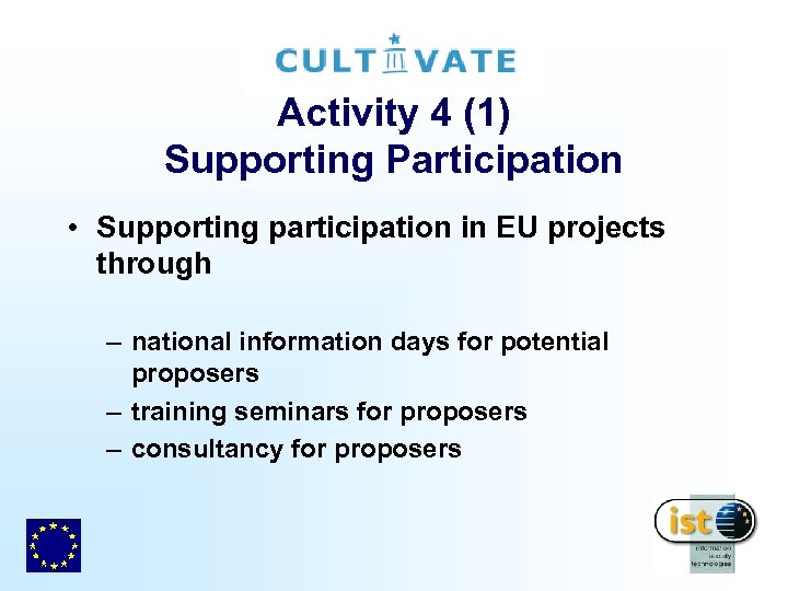 Activity 4 (1) Supporting Participation • Supporting participation in EU projects through – national