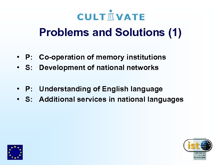 Problems and Solutions (1) • P: Co-operation of memory institutions • S: Development of