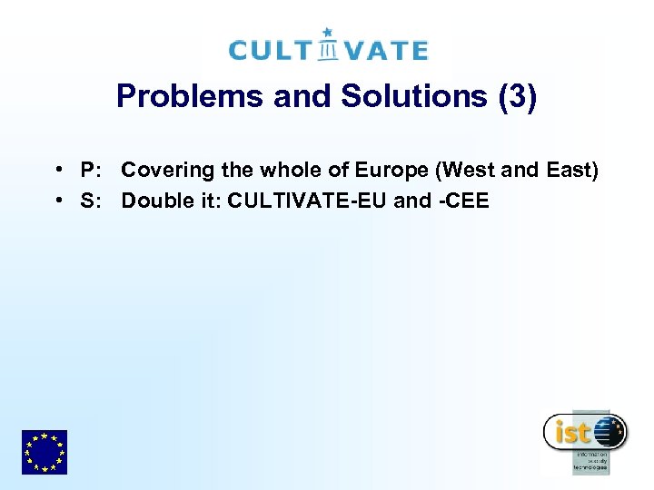 Problems and Solutions (3) • P: Covering the whole of Europe (West and East)